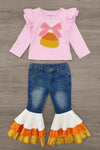 Candy Corn Bow Denim Bell Bottom Set - 6-12 Months - Pink long-sleeve top with ruffled shoulders and candy corn graphic paired with denim bell-bottom jeans featuring layered.