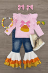 Candy Corn Bow Denim Bell Bottom Set - 6-12 Months - Pink long-sleeve top with candy corn graphic and ruffled shoulders, paired with blue denim bell bottoms featuring layered.
