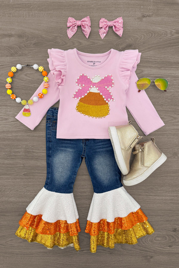 Candy Corn Bow Denim Bell Bottom Set - 6-12 Months - Pink long-sleeve top with candy corn graphic and ruffled shoulders, paired with blue denim bell bottoms featuring layered.
