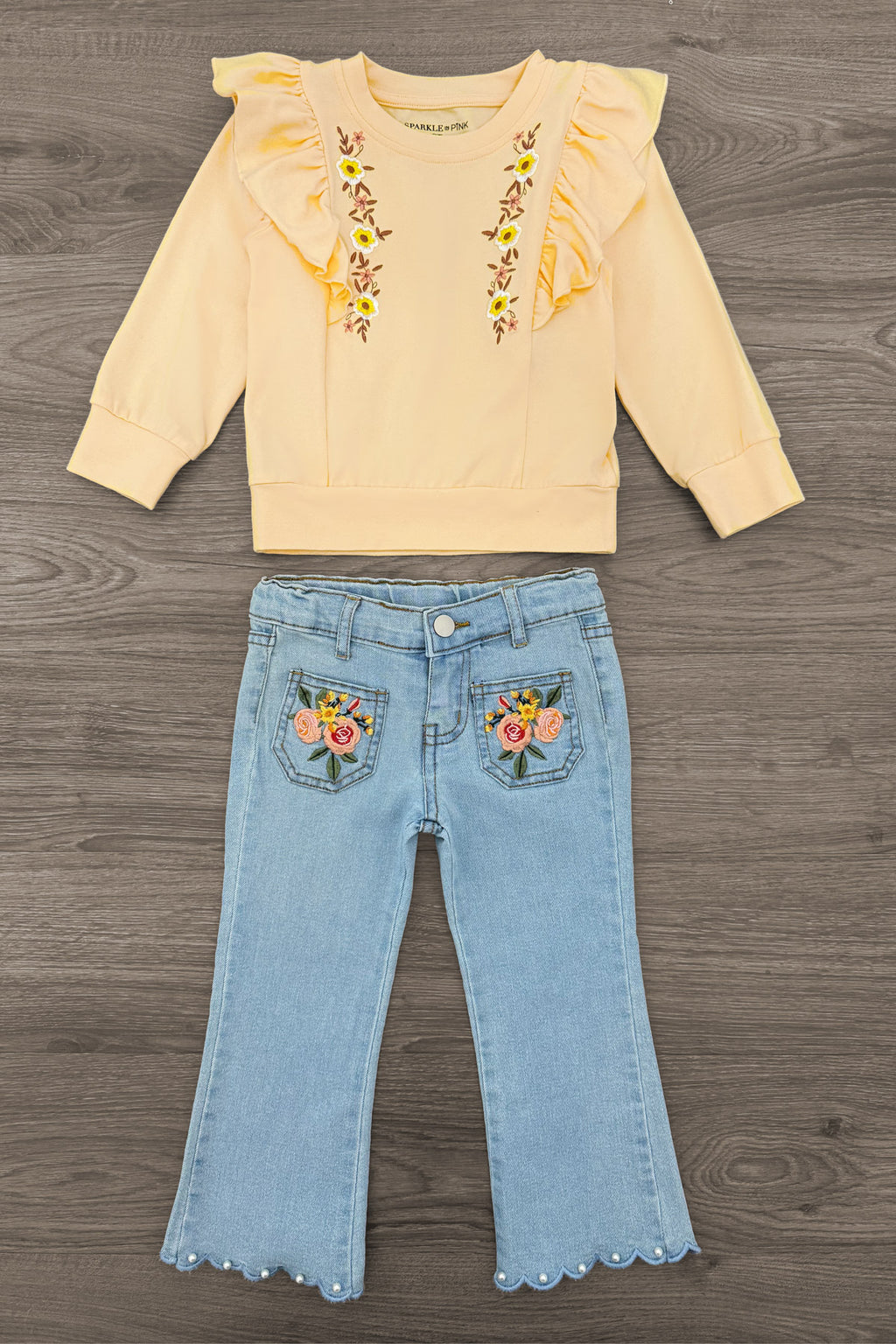 Floral Embroidered Denim Pant Set