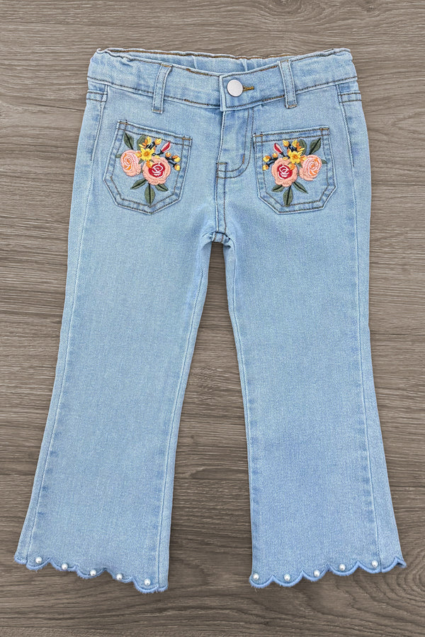 Floral Embroidered Denim Pant Set