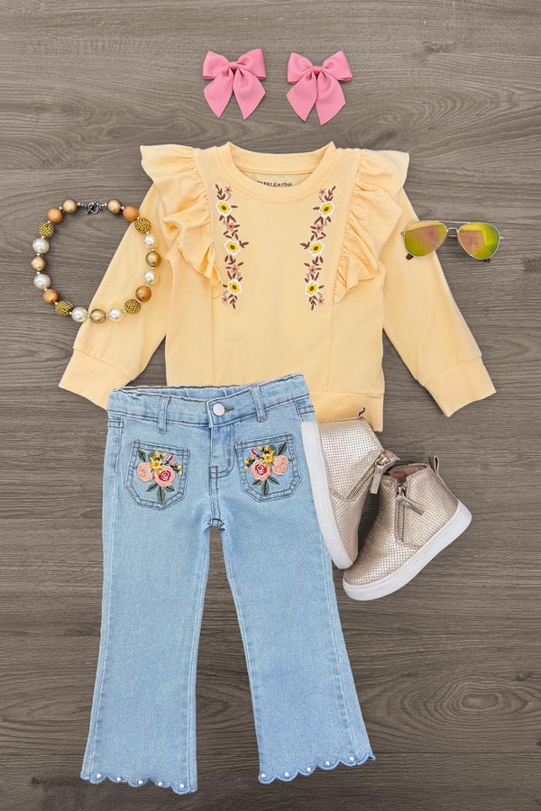 Floral Embroidered Denim Pant Set