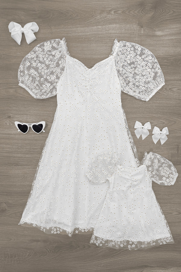 Mom & Me - White Glitter Daisy Tulle Dress | Sparkle in Pink