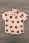 Turkey Button Down Top - 6-12 Months - Light peach short-sleeve button-down shirt with a collar and repeating turkey print.