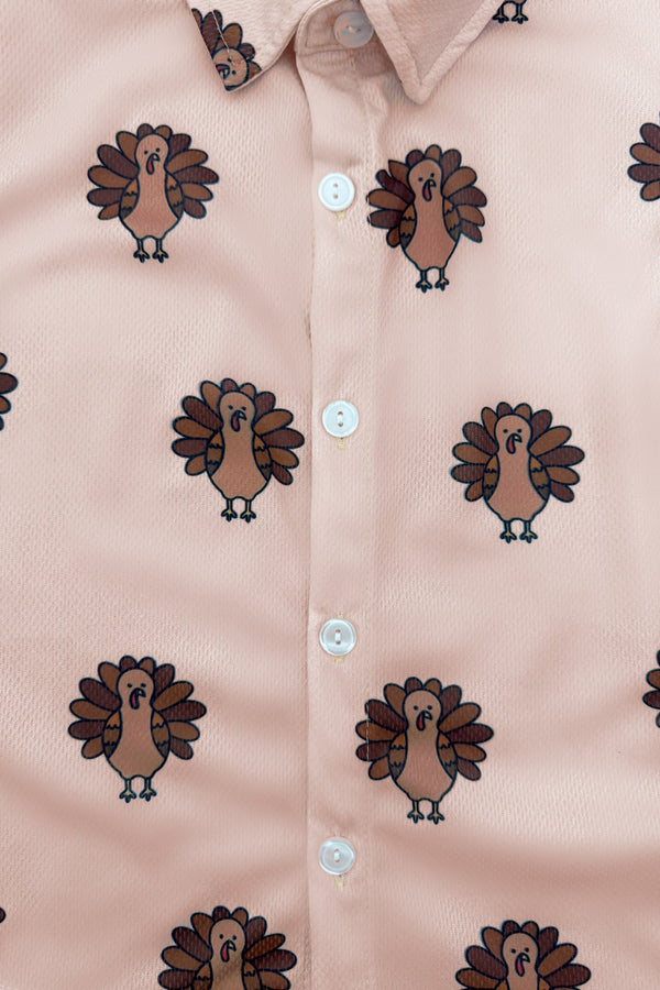Turkey Button Down Top - 6-12 Months - Soft tan button-down top with white buttons and an allover embroidered turkey pattern.