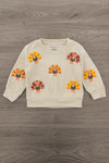 Mom & Me - Corduroy Sequin Turkey Top - CHILD-6-12 Months - Cream long-sleeve sweatshirt with colorful sequin turkey appliqués across the front and sleeves.