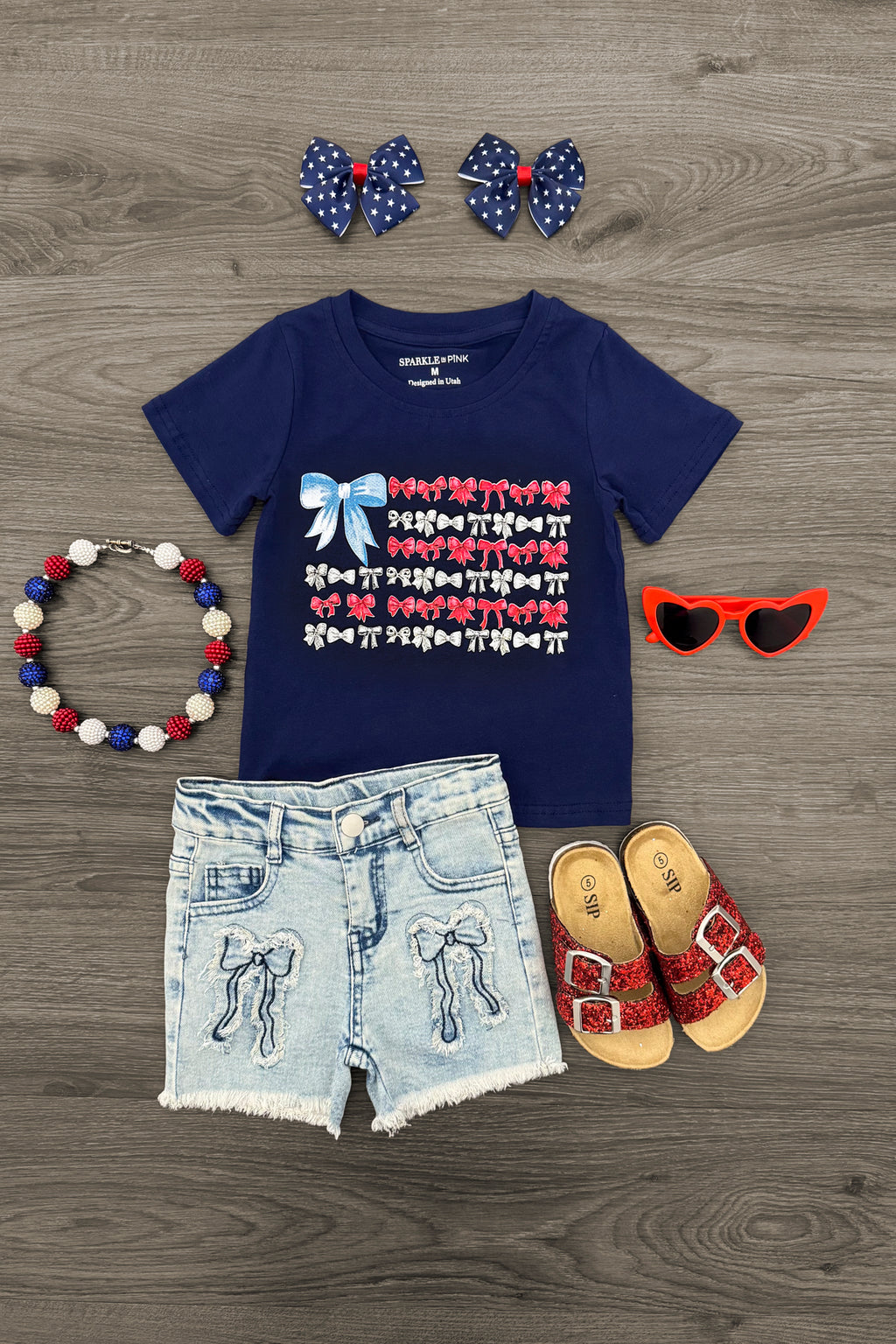 Patriotic Bow Denim Short Set | Sparkle in Pink