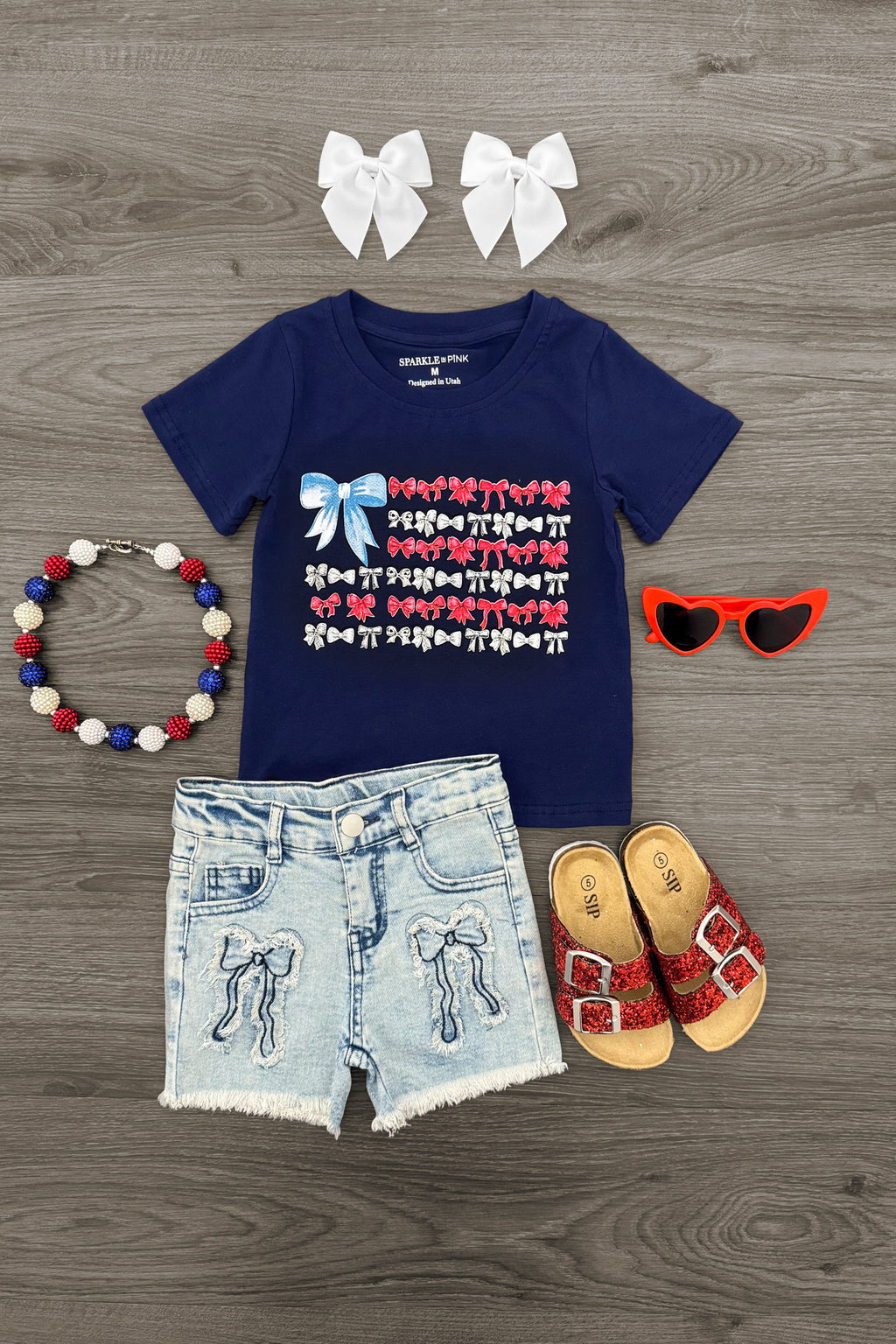 Patriotic Bow Denim Short Set | Sparkle in Pink