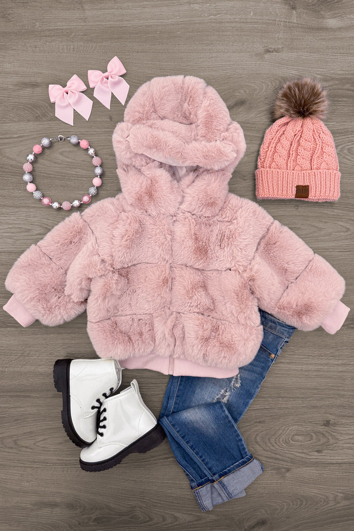 Pink Faux Fur Coat - 6-12 Months - Soft pink faux fur hooded coat for toddlers with a boxy fit and long sleeves.