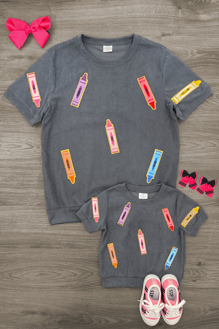 Mom & Me - Gray Corduroy Crayon Top - CHILD-Small-3T - Gray corduroy short-sleeve top with colorful crayon prints, paired with matching shorts and pink sneakers.