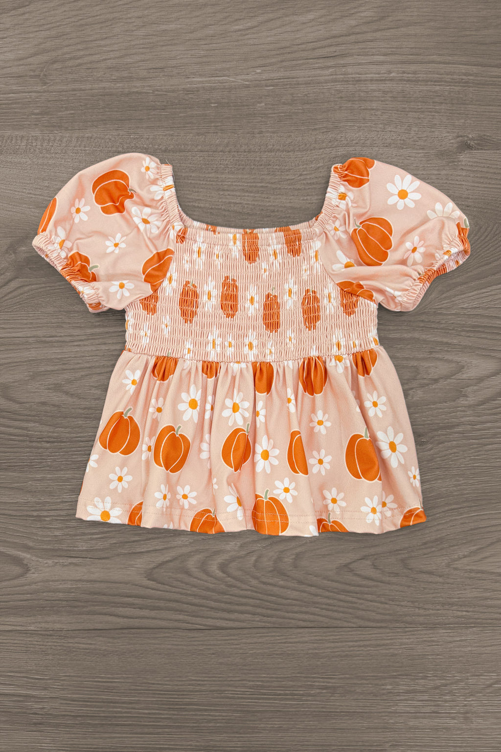 Pumpkin Daisy Denim Bell Bottom Set - 6-12 Months - Cream puff-sleeve baby dress with orange pumpkins, daisies, and a gathered skirt.