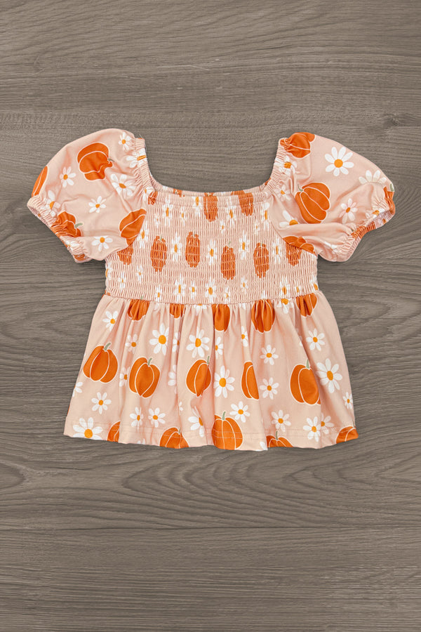 Pumpkin Daisy Denim Bell Bottom Set - 6-12 Months - Cream puff-sleeve baby dress with orange pumpkins, daisies, and a gathered skirt.