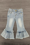 Pumpkin Daisy Denim Bell Bottom Set - 6-12 Months - Light-wash denim bell-bottom pants with faded thighs, frayed ruffle hems, and front pockets.