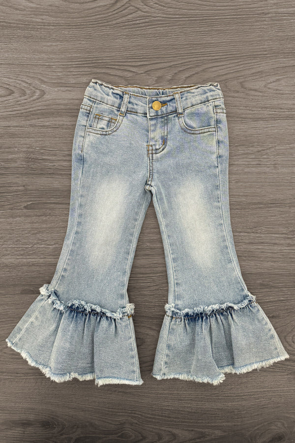 Pumpkin Daisy Denim Bell Bottom Set - 6-12 Months - Light-wash denim bell-bottom pants with faded thighs, frayed ruffle hems, and front pockets.