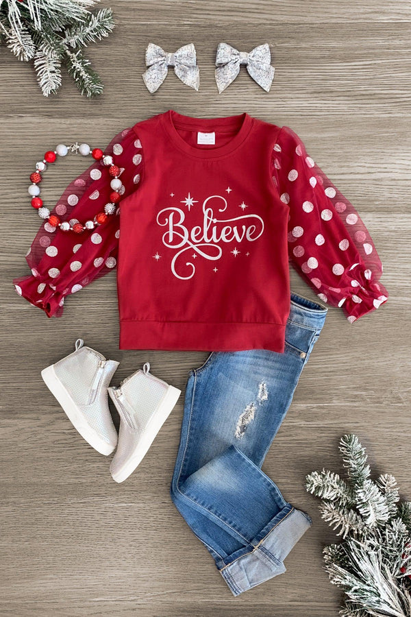 "Believe" Red Long Sleeve Top - Sparkle in Pink