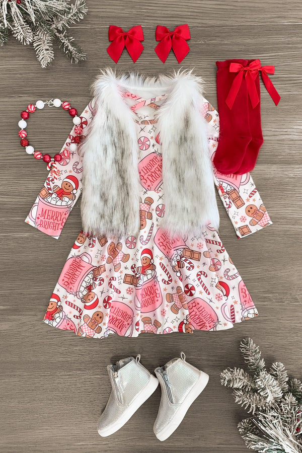 "Merry & Bright" Gingerbread Hot Cocoa Dress - Sparkle in Pink