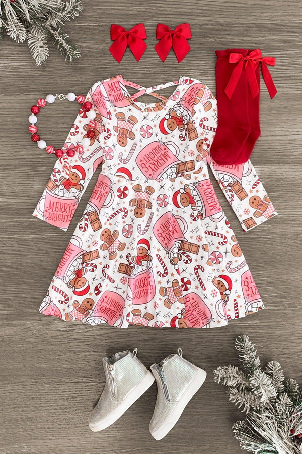 "Merry & Bright" Gingerbread Hot Cocoa Dress - Sparkle in Pink