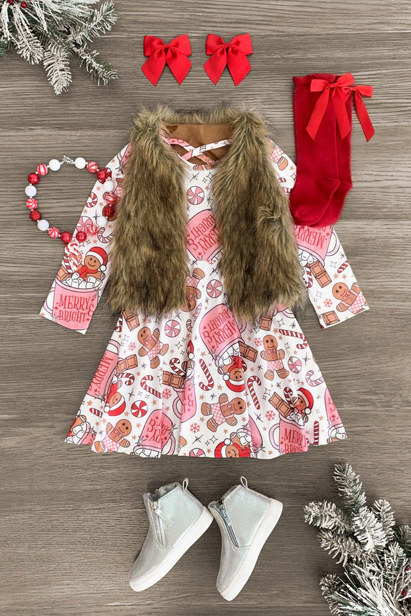 "Merry & Bright" Gingerbread Hot Cocoa Dress - Sparkle in Pink