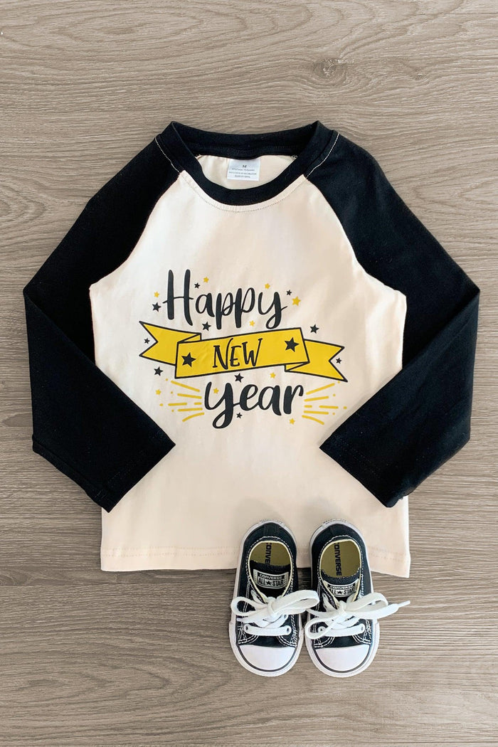 "Happy New Year" Long Sleeve Top - 3XS-6-12 Months - Cream long sleeve top with black raglan sleeves and yellow "Happy New Year" graphic text.