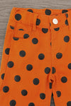 Black & Orange Polka Dot Denim Pant Set - 6-12 Months - Bright orange denim pants with bold black polka dots, belt loops, and a front button closure.