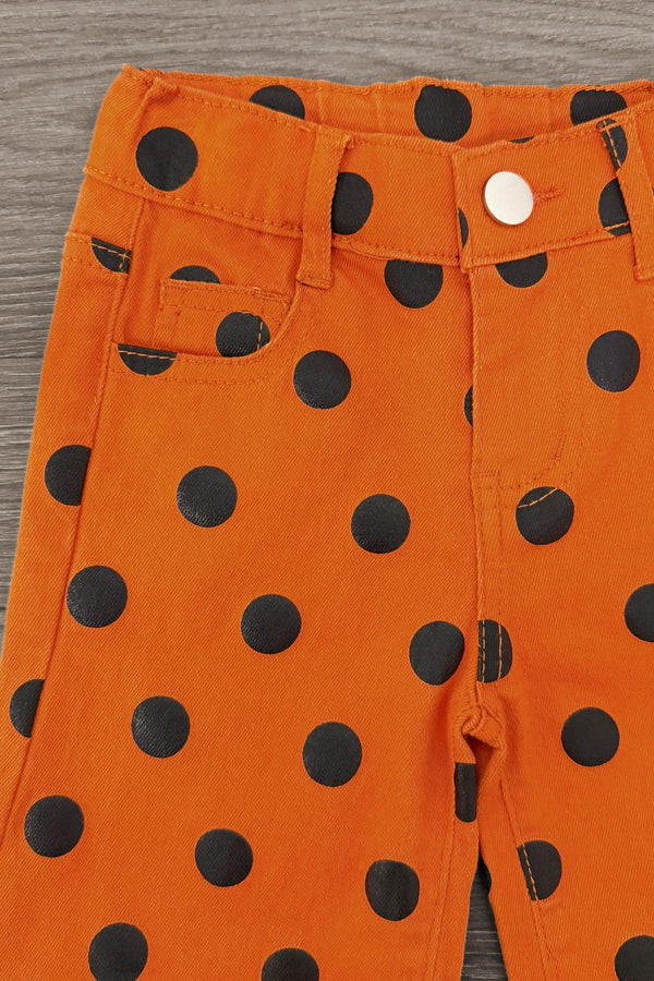 Black & Orange Polka Dot Denim Pant Set - 6-12 Months - Bright orange denim pants with bold black polka dots, belt loops, and a front button closure.