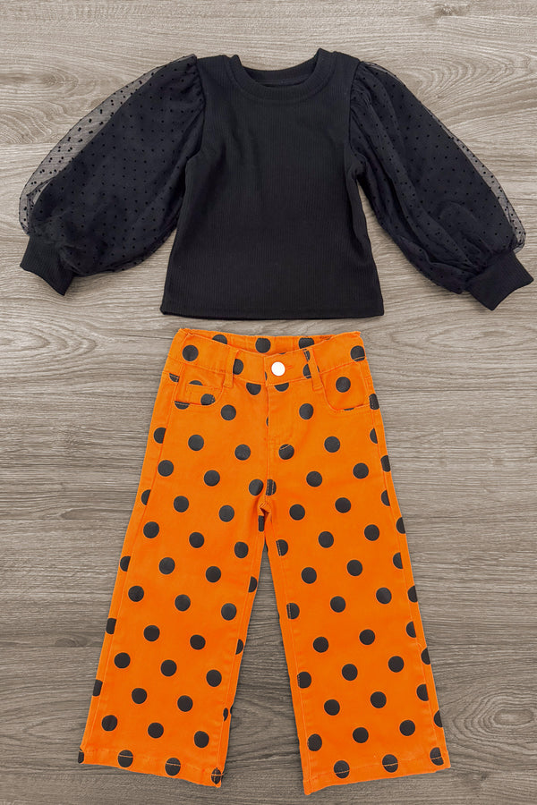 Black & Orange Polka Dot Denim Pant Set - 6-12 Months - Black top with sheer puff sleeves paired with bright orange, black polka-dot wide-leg pants.