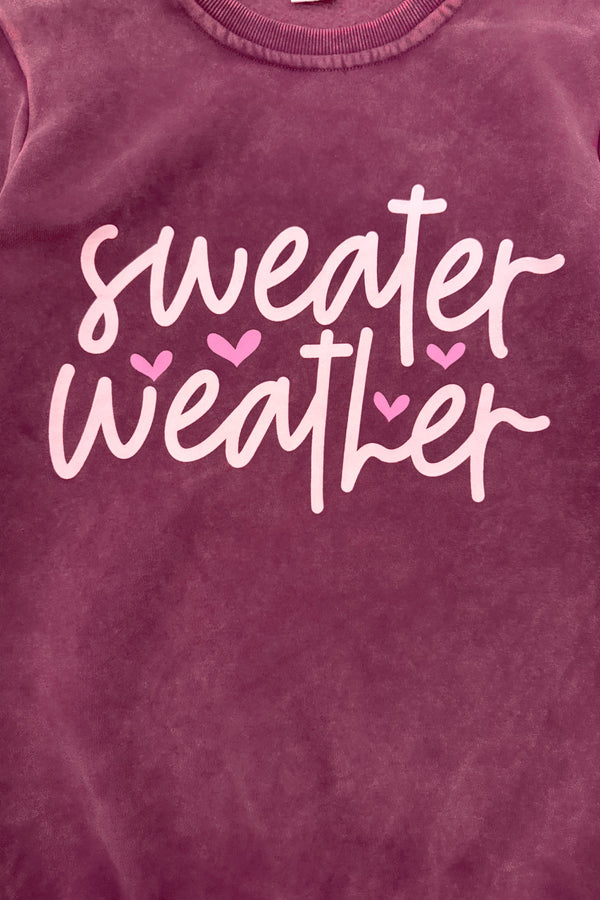 Mom & Me - "Sweater Weather" Acid Wash Pullover - CHILD-6-12 Months - Burgundy acid-wash pullover with white “Sweater Weather” script and small heart details.