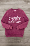 Mom & Me - "Sweater Weather" Acid Wash Pullover - MOM-XS - Burgundy acid-wash pullover sweatshirt with a crew neck and white “Sweater Weather” script.