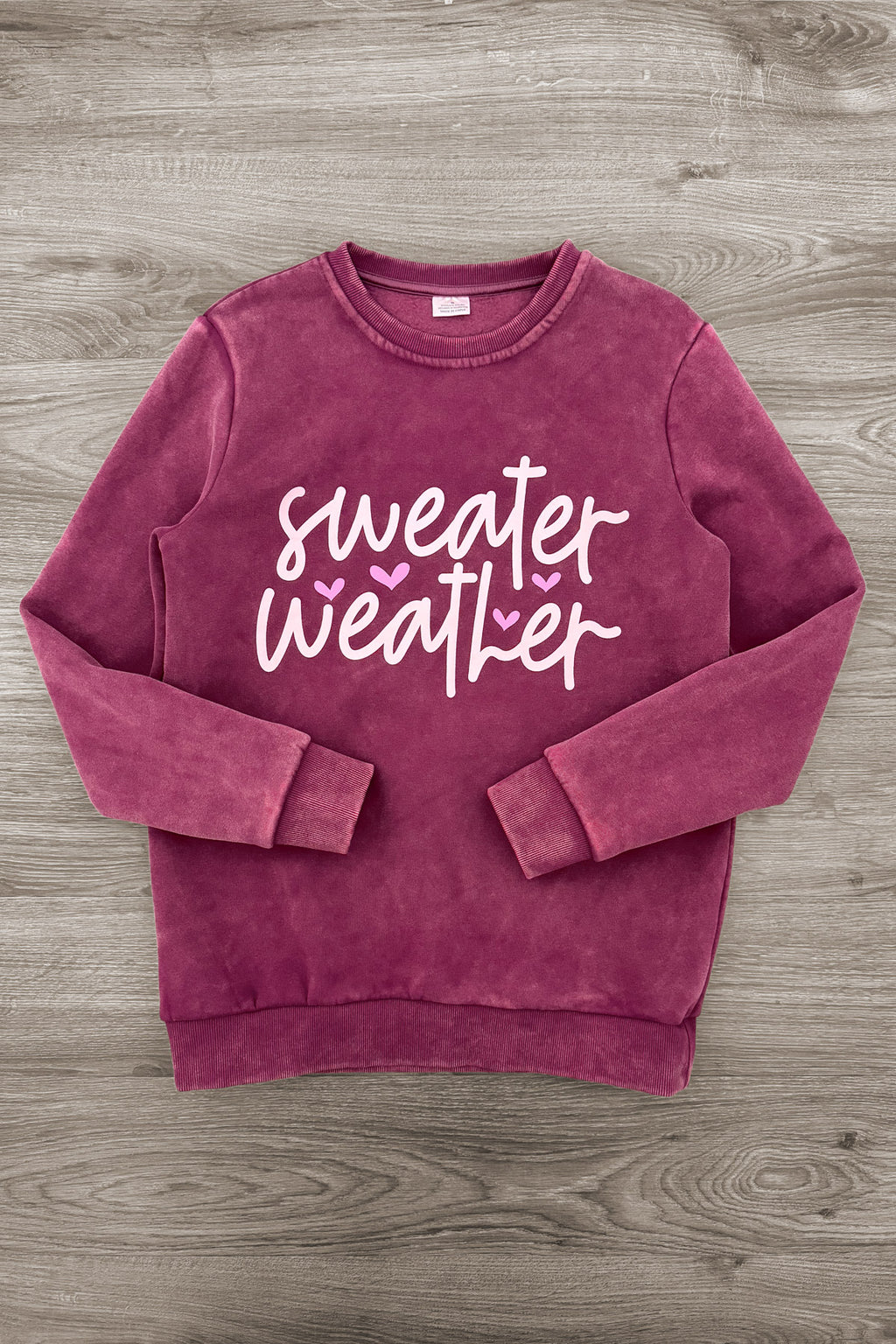 Mom & Me - "Sweater Weather" Acid Wash Pullover - MOM-XS - Burgundy acid-wash pullover sweatshirt with a crew neck and white “Sweater Weather” script.