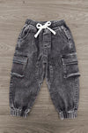 "Thankful Dude" Denim Pant Set - 6-12 Months - Black acid-wash denim jogger pants with an elastic waist, white drawstring, side pockets, and cargo pockets.