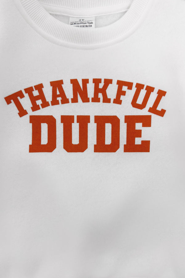 "Thankful Dude" Denim Pant Set - 6-12 Months - White crewneck tee with bold orange “THANKFUL DUDE” lettering across the chest.