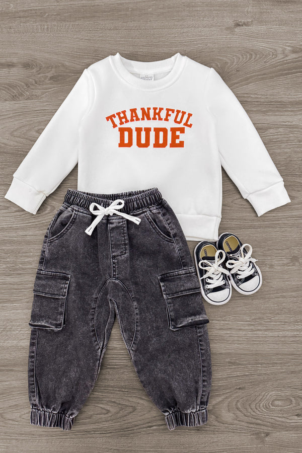 "Thankful Dude" Denim Pant Set - 6-12 Months - White “Thankful Dude” sweatshirt paired with charcoal denim jogger pants and black-and-white sneakers.
