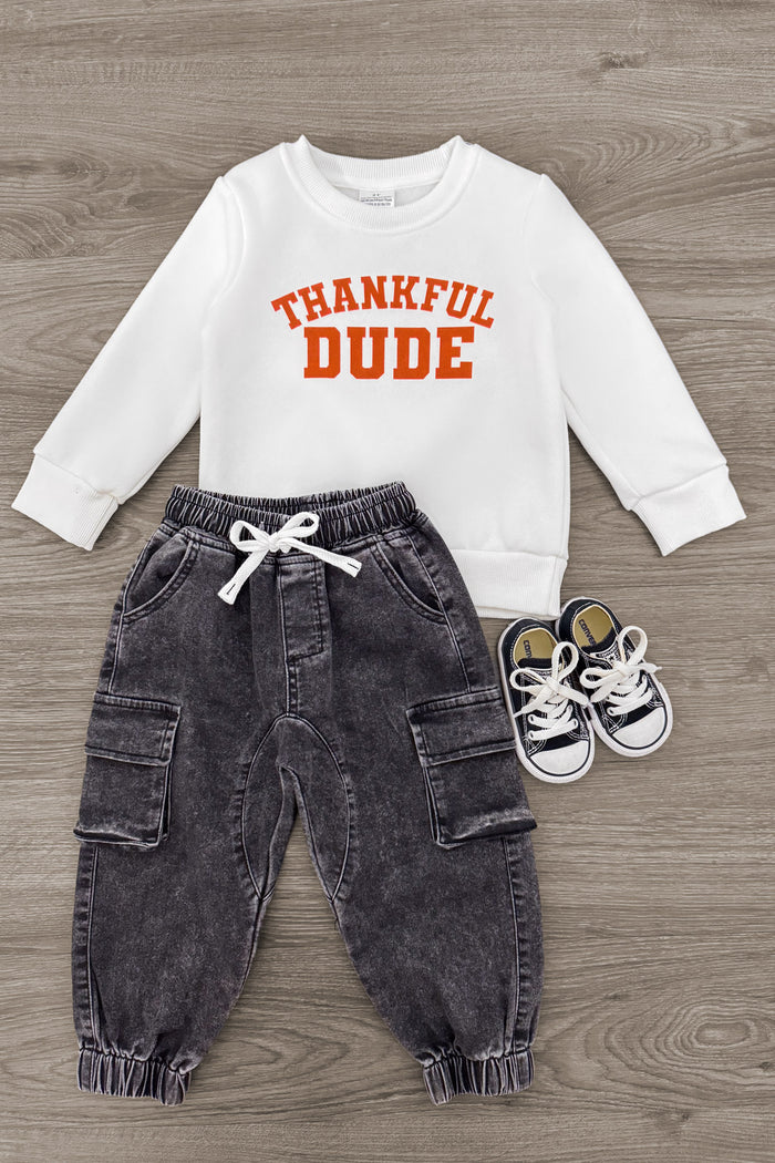 "Thankful Dude" Denim Pant Set - 6-12 Months - White “Thankful Dude” sweatshirt paired with charcoal denim jogger pants and black-and-white sneakers.