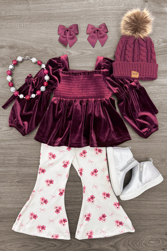 Floral Velvet Flare Pant Set - 6-12 Months - Burgundy velvet floral flare pant set with a ruffled peplum top, matching accessories, and white boots.