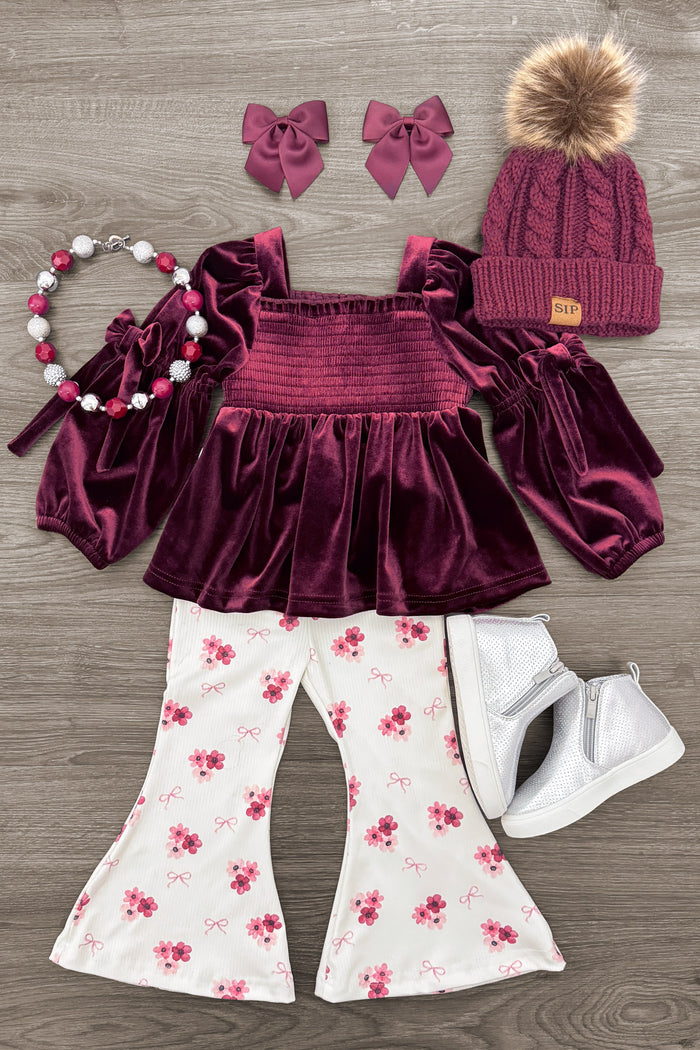 Floral Velvet Flare Pant Set - 6-12 Months - Burgundy velvet floral flare pant set with a ruffled peplum top, matching accessories, and white boots.