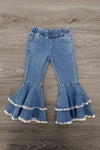 "Thankful, Blessed & Kind Of A Mess" Denim Bell Bottom Set - 6-12 Months - Light blue denim bell-bottom pants with double ruffle hems trimmed in white lace and an elastic waistband.