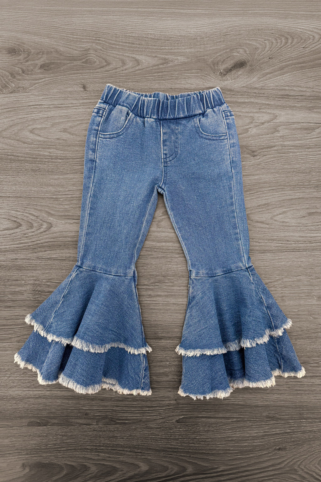 "Thankful, Blessed & Kind Of A Mess" Denim Bell Bottom Set - 6-12 Months - Light blue denim bell-bottom pants with double ruffle hems trimmed in white lace and an elastic waistband.