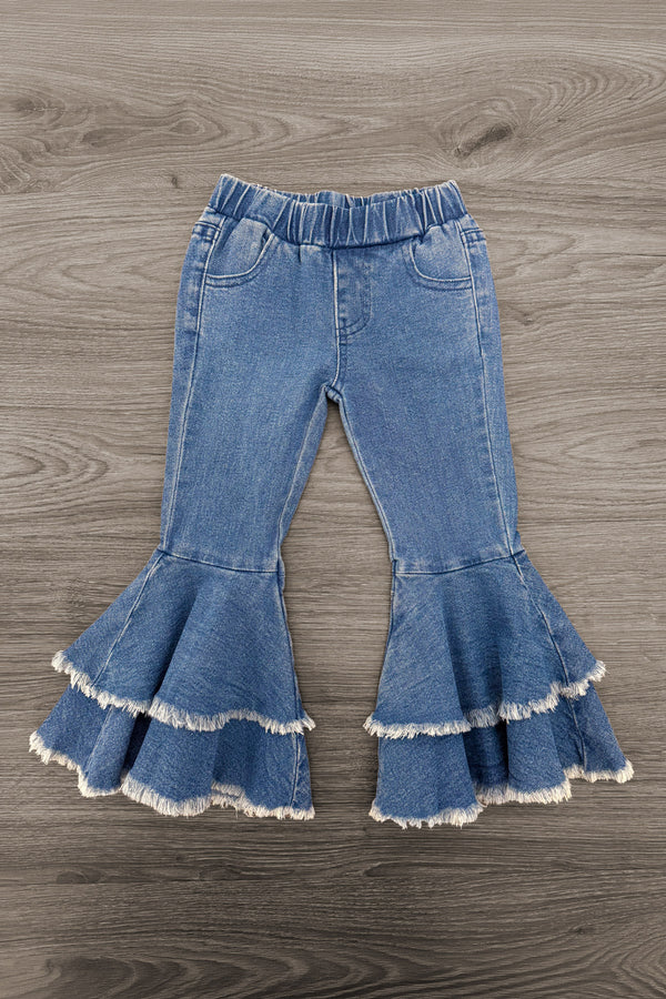 "Thankful, Blessed & Kind Of A Mess" Denim Bell Bottom Set - 6-12 Months - Light blue denim bell-bottom pants with double ruffle hems trimmed in white lace and an elastic waistband.