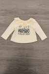 "Thankful, Blessed & Kind Of A Mess" Denim Bell Bottom Set - 6-12 Months - Cream long-sleeve top with ruffled neckline and black "Thankful, Blessed & Kind Of A Mess" script on front.
