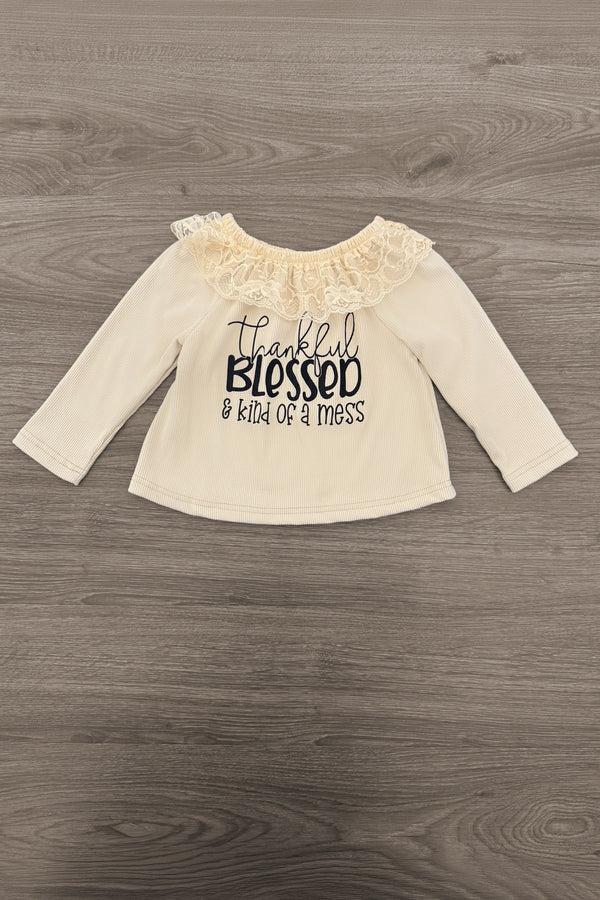 "Thankful, Blessed & Kind Of A Mess" Denim Bell Bottom Set - 6-12 Months - Cream long-sleeve top with ruffled neckline and black "Thankful, Blessed & Kind Of A Mess" script on front.