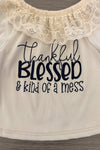 "Thankful, Blessed & Kind Of A Mess" Denim Bell Bottom Set - 6-12 Months - Cream ribbed knit top with lace-trimmed neckline, featuring navy script text "Thankful Blessed & Kind Of A Mess".