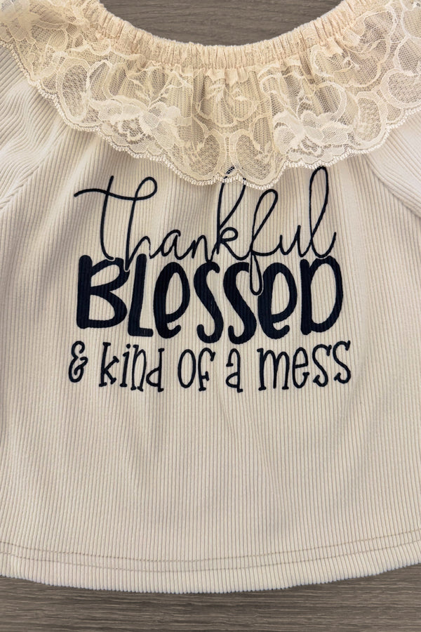 "Thankful, Blessed & Kind Of A Mess" Denim Bell Bottom Set - 6-12 Months - Cream ribbed knit top with lace-trimmed neckline, featuring navy script text "Thankful Blessed & Kind Of A Mess".