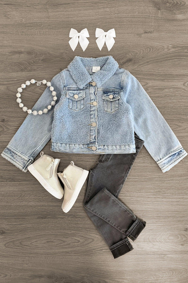 Blue Jean Sherpa Denim Jacket - Sparkle in Pink