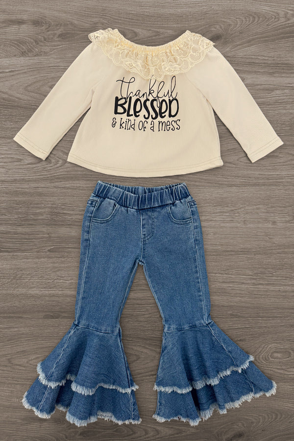 "Thankful, Blessed & Kind Of A Mess" Denim Bell Bottom Set - 6-12 Months - Cream long-sleeve top with ruffled neckline and black text paired with blue denim bell-bottom pants with layered ruffle hems.