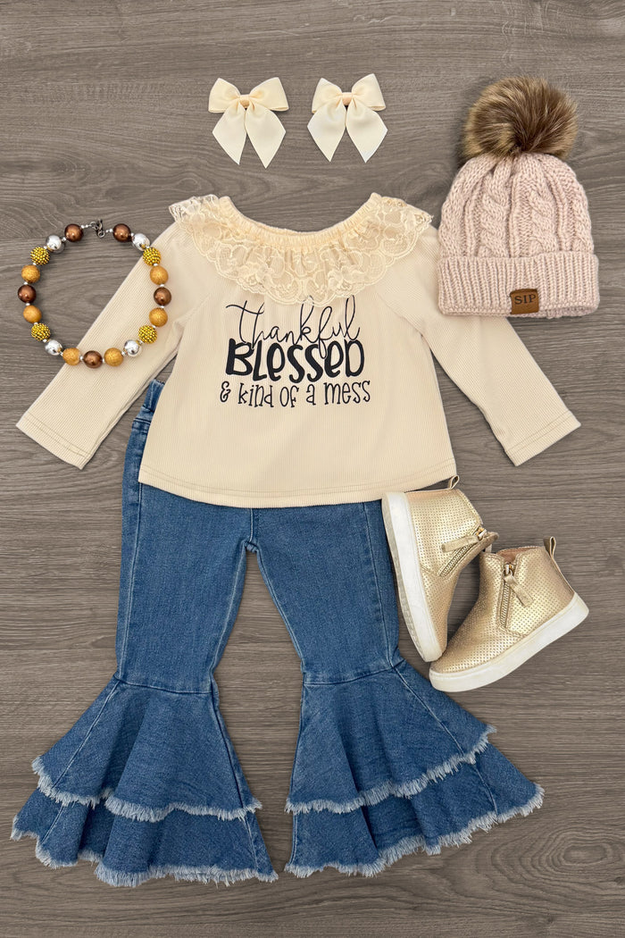 "Thankful, Blessed & Kind Of A Mess" Denim Bell Bottom Set - 6-12 Months - Cream long-sleeve shirt with "Thankful Blessed & Kind of a Mess" text, denim bell-bottom pants, cream knit beanie with.