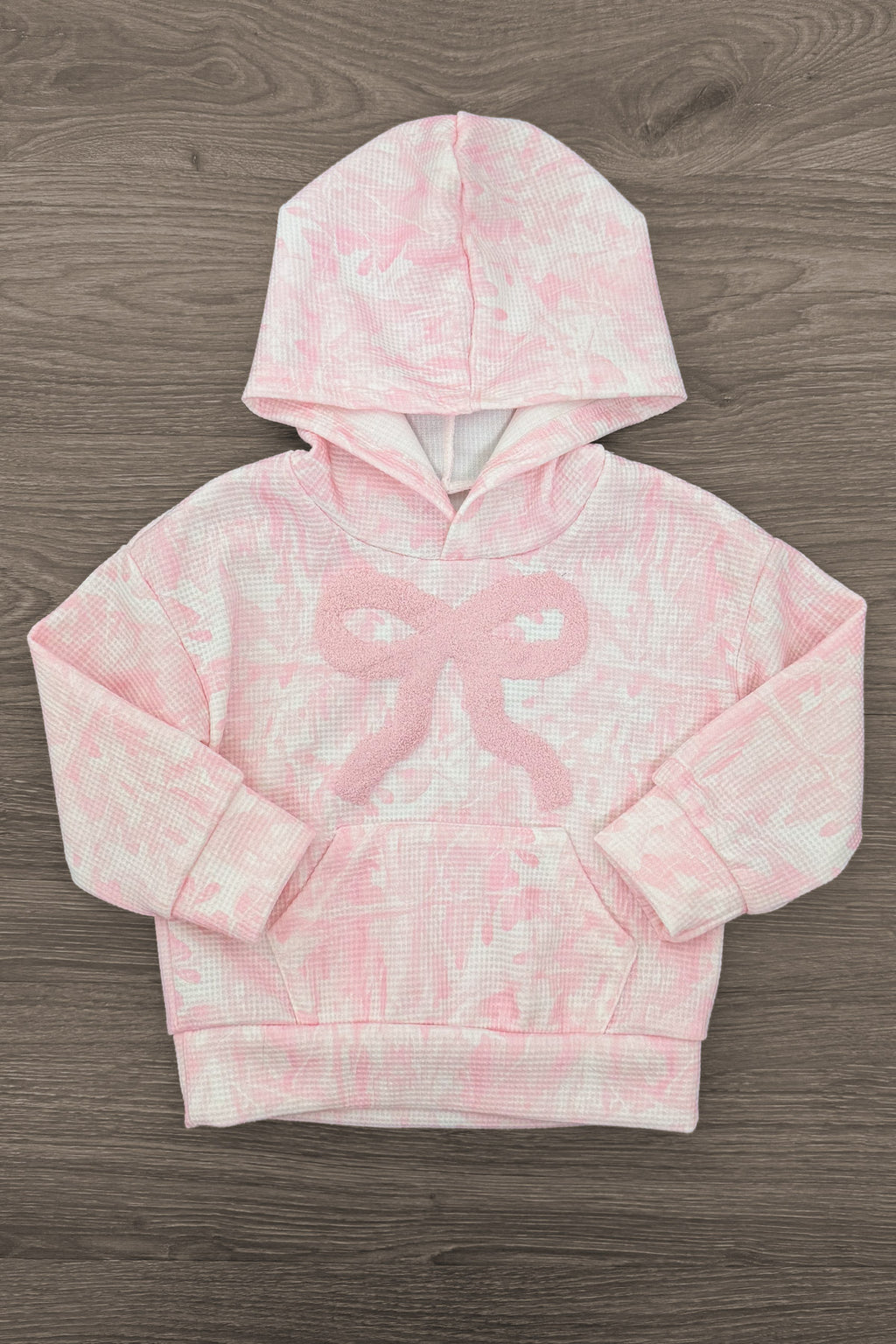 Mom & Me - Waffle Knit Bow Pullover Hoodie - CHILD-6-12 Months - Pink-and-white waffle-knit pullover hoodie with a hood, kangaroo pocket, and pale pink bow print.