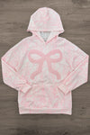 Mom & Me - Waffle Knit Bow Pullover Hoodie - MOM-XS - Pink-and-white waffle knit pullover hoodie with a hood, front pocket, and large bow graphic.