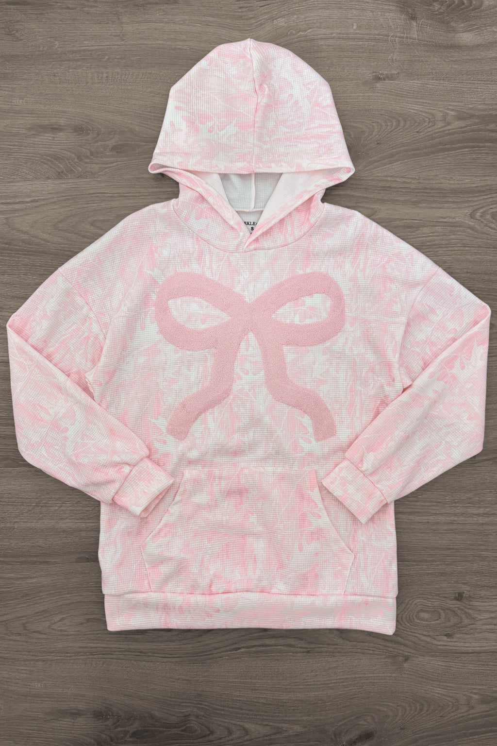 Mom & Me - Waffle Knit Bow Pullover Hoodie - MOM-XS - Pink-and-white waffle knit pullover hoodie with a hood, front pocket, and large bow graphic.