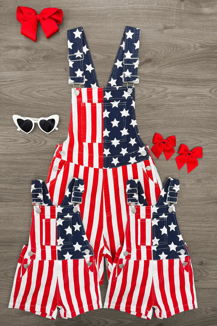 Mom & Kid - American Flag Denim Overalls - BABY-Newborn-FAMILY - Matching mom and kid denim overalls with American flag design, stars on navy top, red and white stripes bottom, two side.