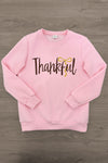 Mom & Me - "Thankful" Pink Pullover & Pant Set - MOM-XS - Light pink pullover with "Thankful" text and a yellow bow graphic on the front, ribbed cuffs and hem.